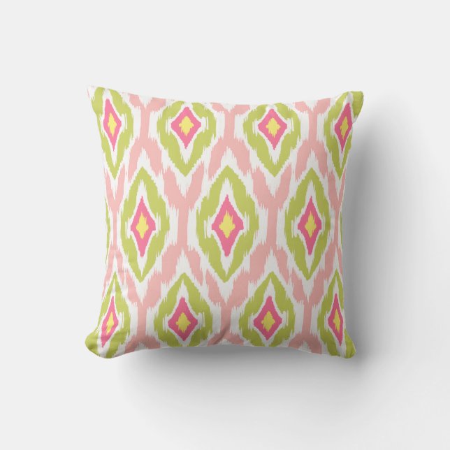 Modern lime pink fuchsia Ikat Tribal Pattern 1a Throw Pillow (Front)