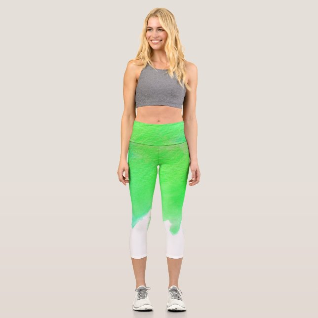 Modern lime watercolor arty colourful funky art capri leggings (Front)