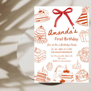Modern Line Art Birthday Cake Party Invitation