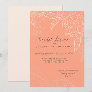 Modern Line Art Blush Peach Floral Peony Bridal Invitation
