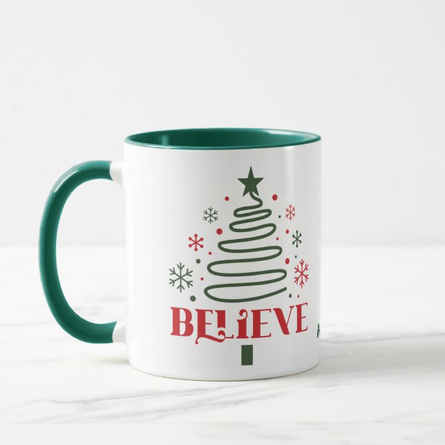 Modern Line Art Christmas Tree Believe Mug (Left)