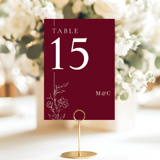 Modern Line Art Floral Burgundy Elegant Wedding Table Number