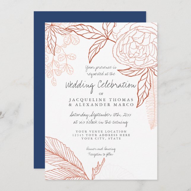 Modern Line Art Floral Peony Navy Orange Leaf Invitation (Front/Back)