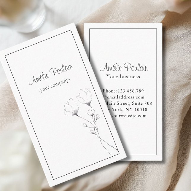 Modern, line art flowers, handwriting business card (White. Modern, line art flowers, handwriting business card)