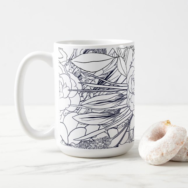Modern Line Art Hand Drawn Floral Girly Design Coffee Mug (With Donut)