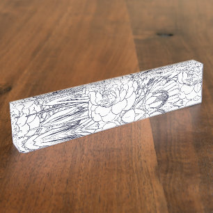 Modern Line Art Hand Drawn Floral Girly Design Nameplate