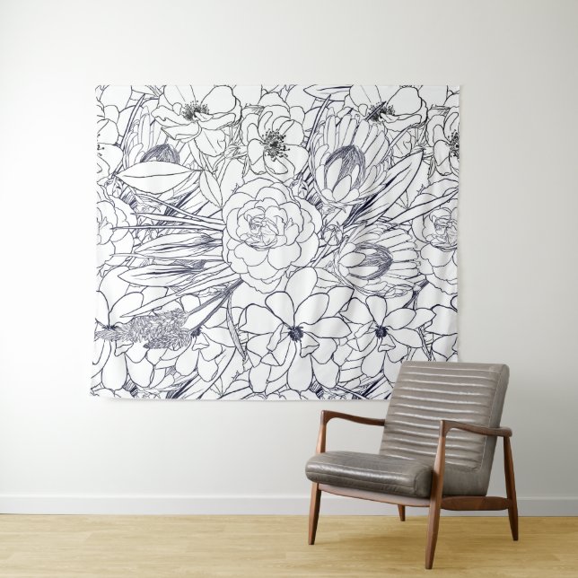 Modern Line Art Hand Drawn Floral Girly Design Tapestry (In Situ (Horizontal))