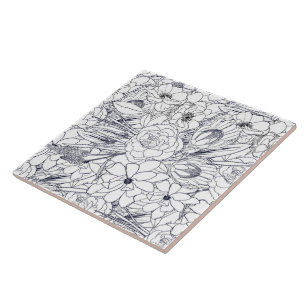 Modern Line Art Hand Drawn Floral Girly Design Tile