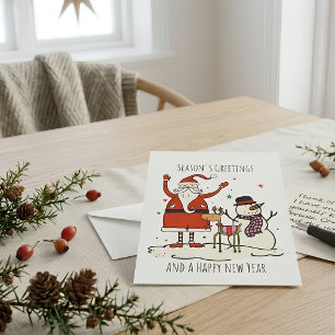 Modern Line Art Minimal Snowman Santa Reindeer Holiday Card