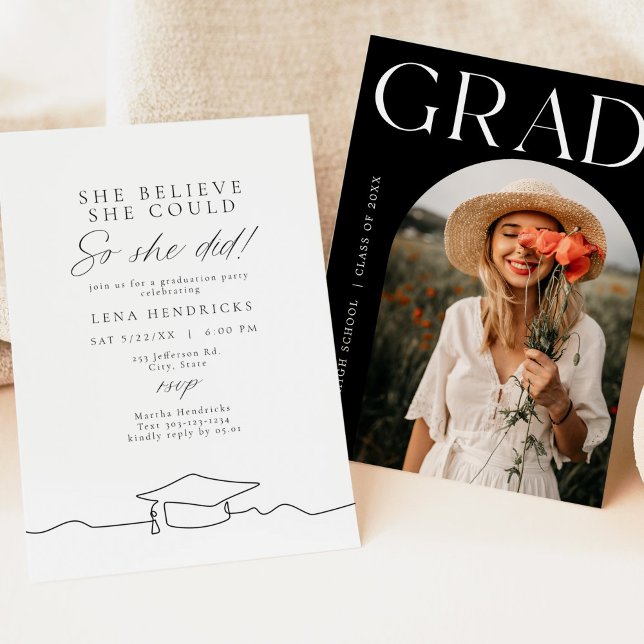 Modern Line Art She Believed Graduation Party Invitation (Creator Uploaded)
