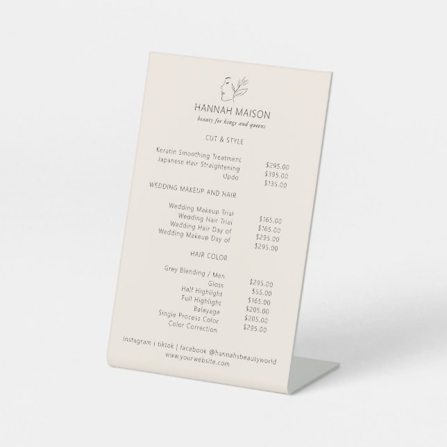 Modern, Line Art, Woman, Leafy, Salon, Pricelist Pedestal Sign (Front)