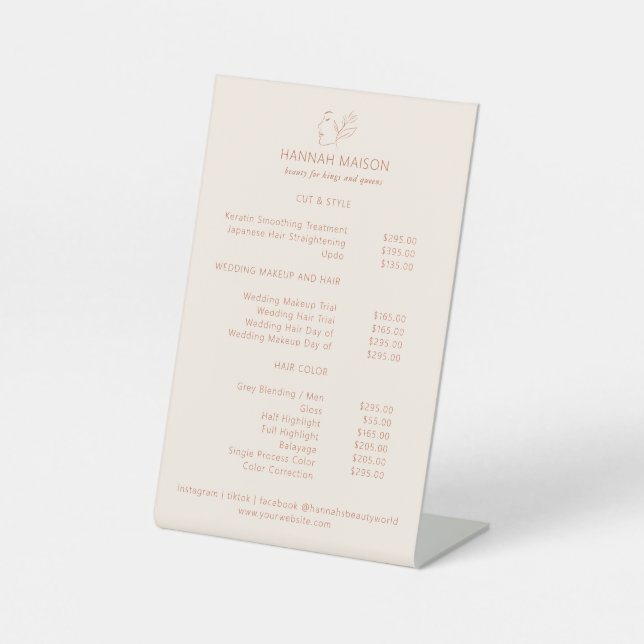 Modern, Line Art, Woman, Leafy, Salon, Pricelist Pedestal Sign (Front)