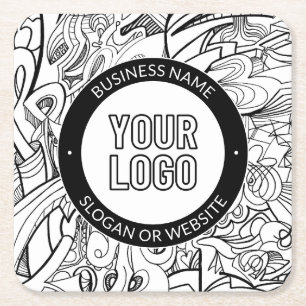 Modern Line Artwork & Your Logo w/Editable Text Square Paper Coaster