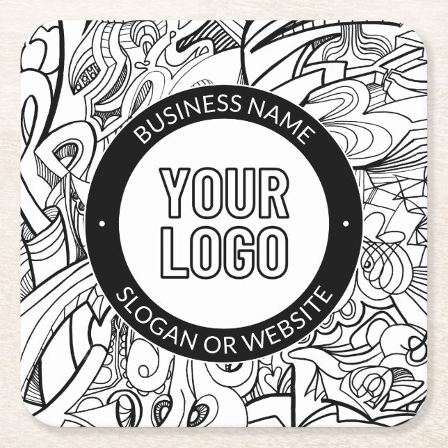 Modern Line Artwork & Your Logo w/Editable Text Square Paper Coaster (Front)