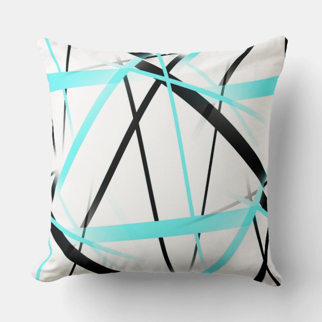 Modern Line Cool Geometry White Black Aqua-Blue Throw Pillow (Front)