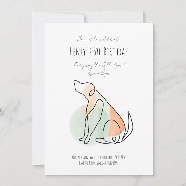 Modern line drawing dog birthday invitation (Front)