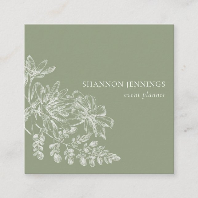 Modern Line Drawing Sage Green Square Business Card (Front)
