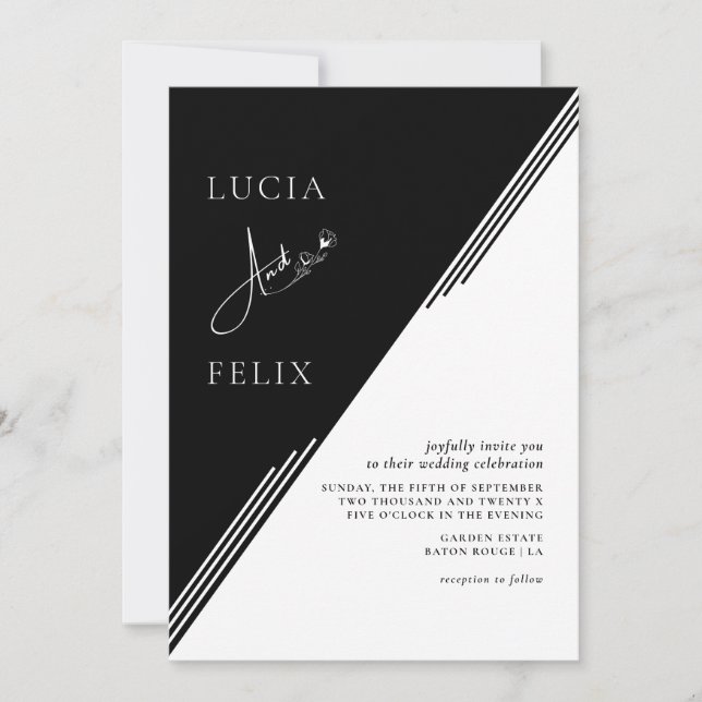 Modern Line Minimalist Black & White Wedding Invitation (Front)