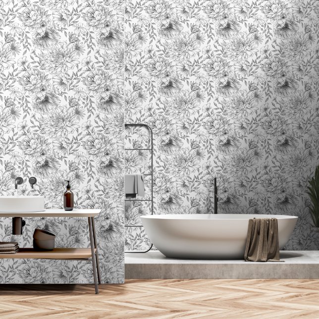 Modern Lineart Black White Florals Wallpaper (Bathroom)