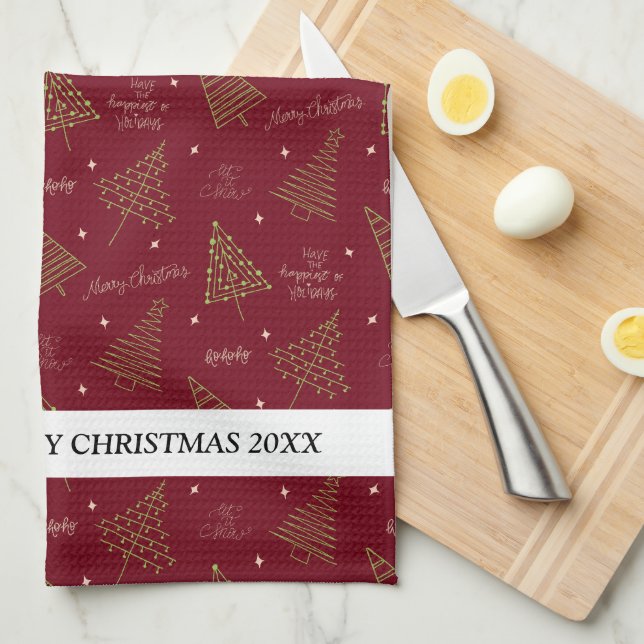 Modern lineart Christmas Trees with Family Name Kitchen Towel (Quarter Fold)