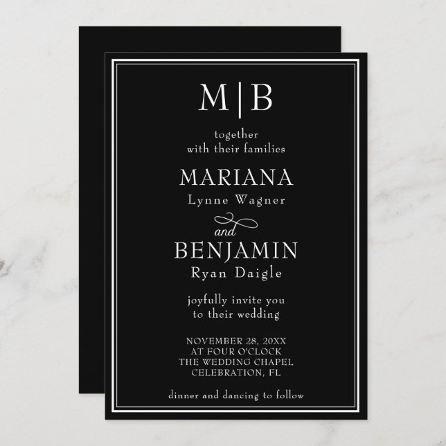 Modern Lined Border Minimalist Black Wedding Invitation (Front/Back)