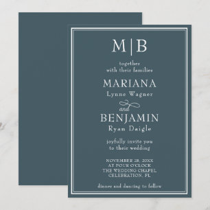 Modern Lined Border Minimalist Boho Blue Wedding Invitation