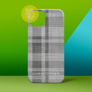 Modern Linen Plaid Pattern Personalized Name Case-Mate iPhone 14 Pro Case