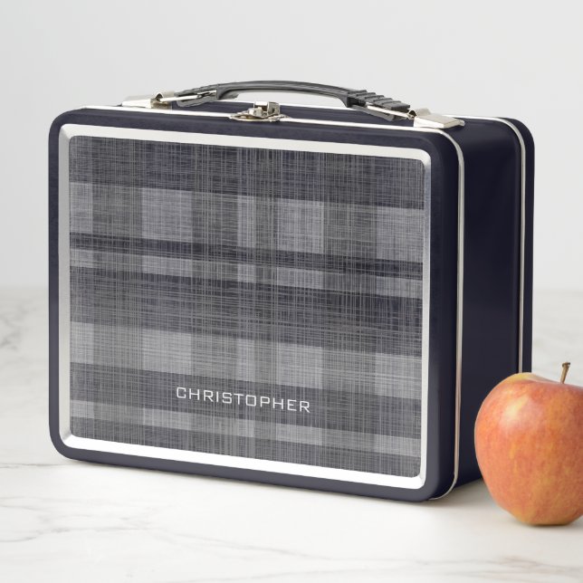 Modern Linen Plaid Pattern with Name - black grey Metal Lunch Box (In Situ)
