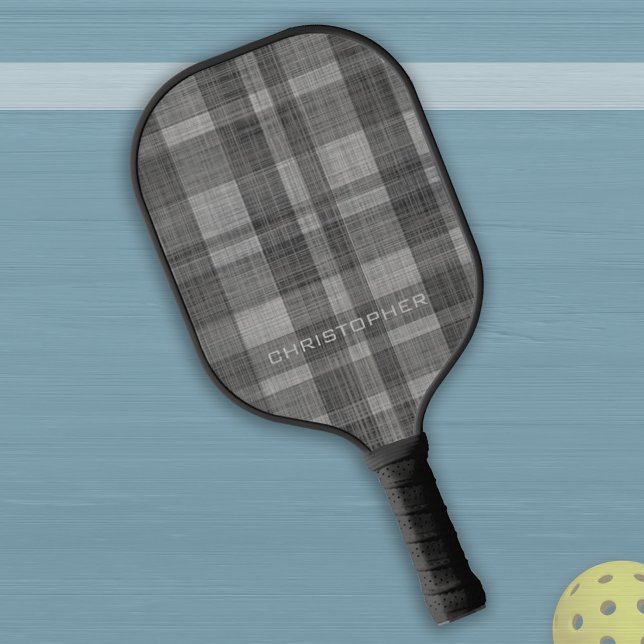 Modern Linen Plaid Pattern with Name - black grey Pickleball Paddle (Creator Uploaded)