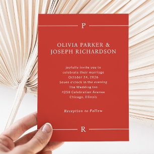 Modern Lines and Monogram   Poppy Red Wedding Invitation