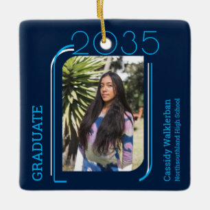 Modern Lines Blue Photo Graduation Ceramic Ornament