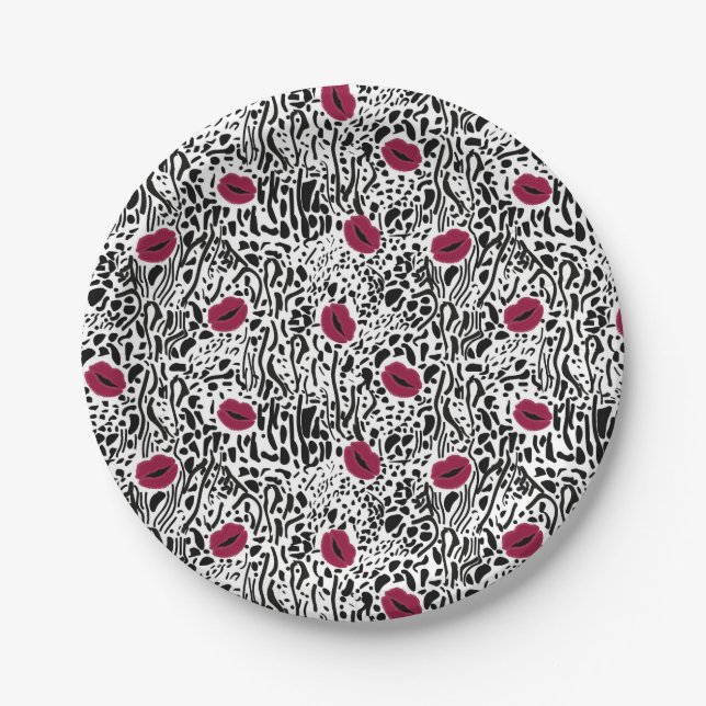 Modern Lipstick Lips B&W Pattern Paper Plate (Front)