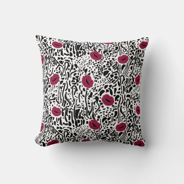 Modern Lipstick Lips B&W Pattern Throw Pillow (Front)