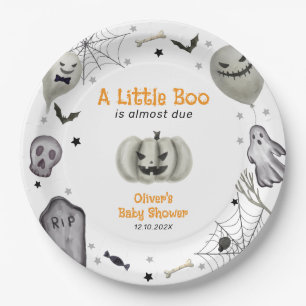 Modern Little Boo Ghost Halloween Boy Baby Shower Paper Plate