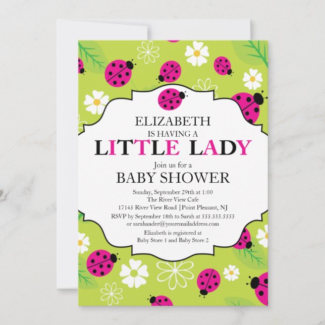 Modern Little Lady Pink Ladybug Baby Shower Invitation (Front)