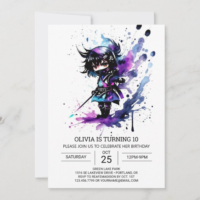 Modern Little Ninja Girl Birthday Invitation (Front)