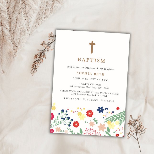 Modern Little Wildflower Pattern Cross Baptism  Invitation (Modern Little Wildflower Pattern Cross Baptism Invitation)