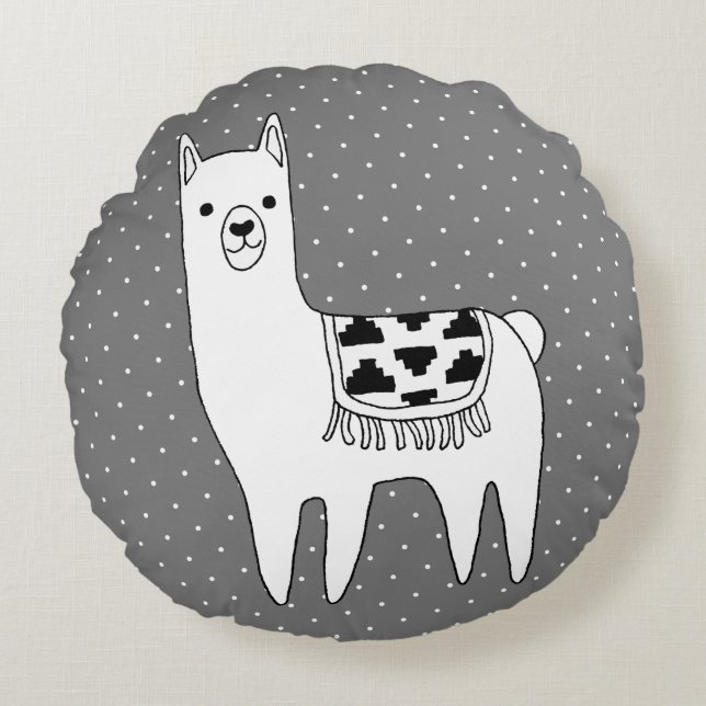 Modern Llama Sketch & Swiss Dots Round Pillow (Front)