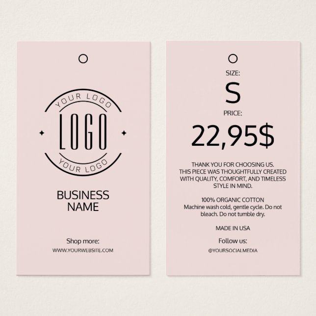 Modern logo blush pink clothing label hang tag  (Devant & derrière)