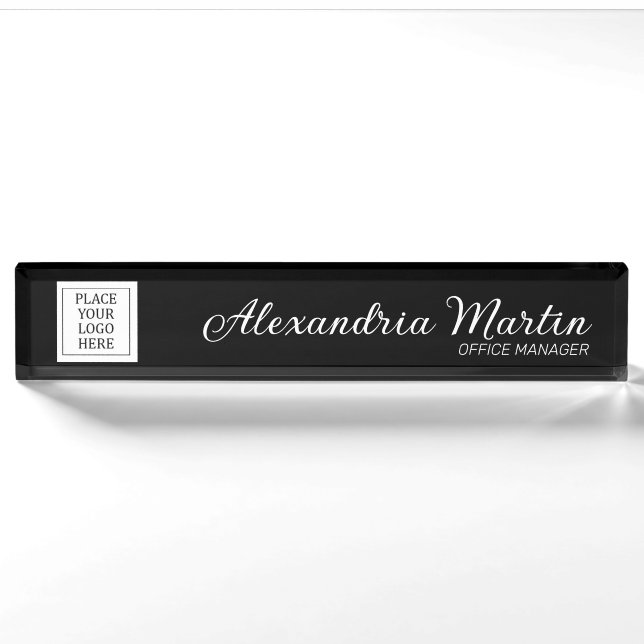 Modern Logo Name Title Elegant Script Black Nameplate (Front)