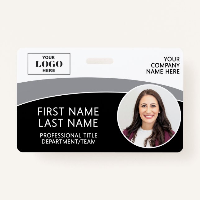 Modern Logo Photo ID Barcode Employee Name Badge (Front)
