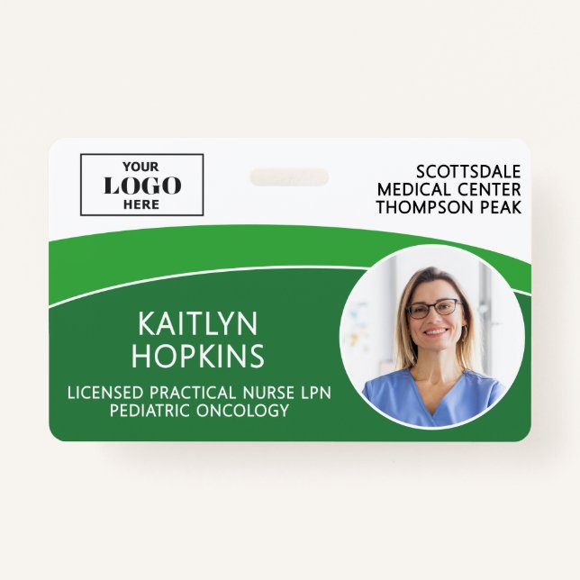 Modern Logo Photo ID Barcode Nurse Name Badge (Front)