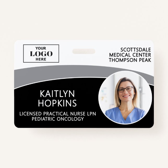 Modern Logo Photo ID Barcode Nurse Name Badge (Front)