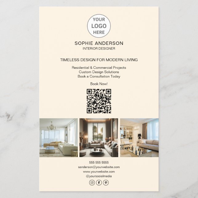 Modern Logo Photo QR Cream Professional Business Flyer (Front)