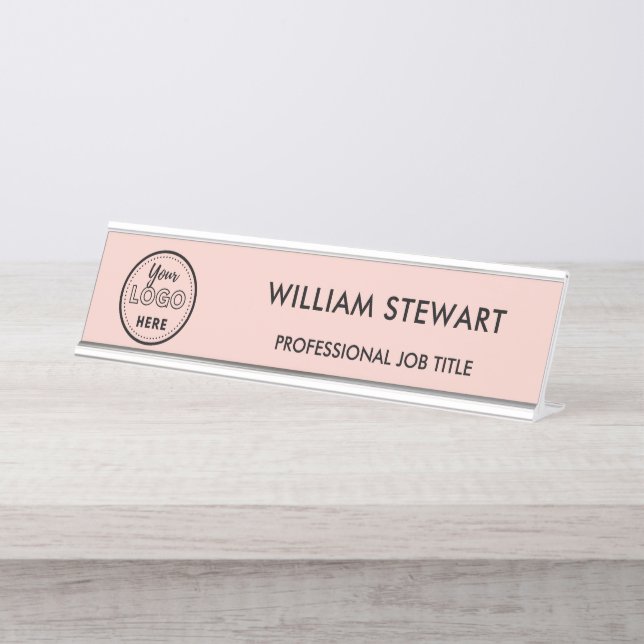 Modern Logo Pink Employee Staff Minimalist Desk Name Plate (Front)