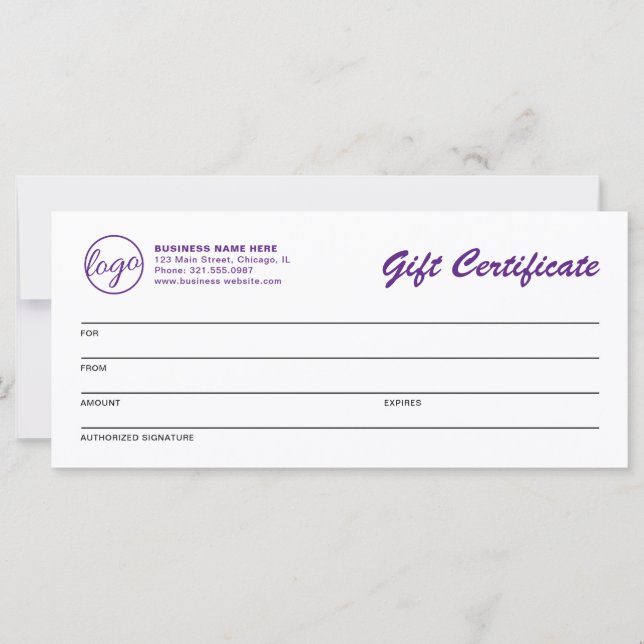 Modern Logo Purple Business Gift Certificate (Front)