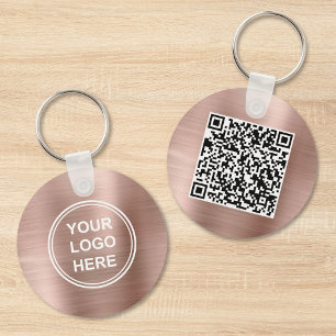 Modern Logo QR Code Promotional Rose Gold Keychain