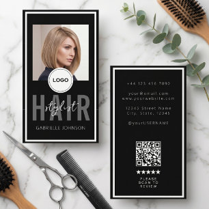 Modern Logo QR Review Black White Hair Stylist Business Card