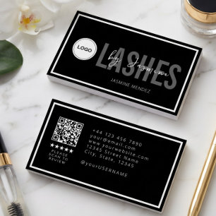 Modern Logo QR Review Black White Lash Artist  Business Card