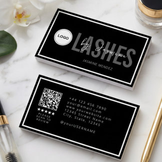 Modern Logo QR Review Black White Lash Artist Business Card
